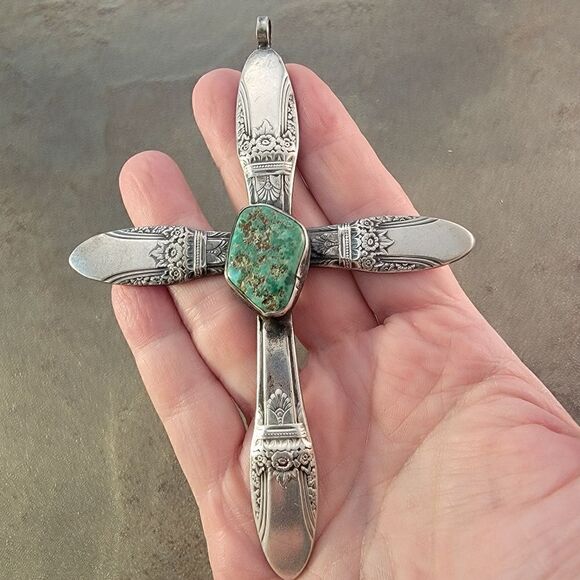 Huge Vintage Sterling Turquoise Antique Silverware Cross Pendant - Picture 2 of 10